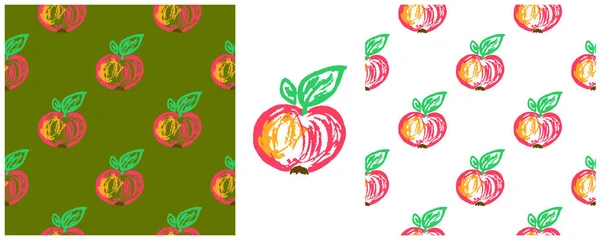 Patrón Sin Costura Fruta Manzanas Establecer Dibujos Con Lápices Cera — Archivo Imágenes Vectoriales