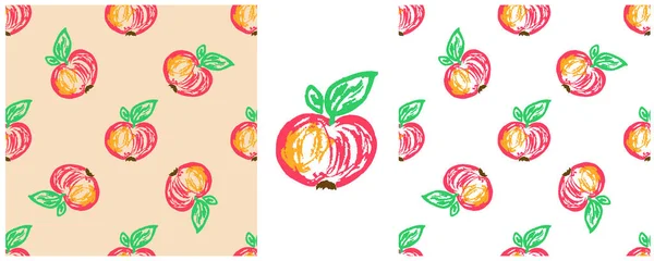 Patrón Sin Costura Fruta Manzanas Establecer Dibujos Con Lápices Cera — Vector de stock