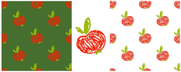 Patrón Sin Costura Fruta Establecer Dibujos Con Lápices Cera Manzanas — Vector de stock