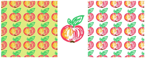 Patrón Sin Costura Fruta Establecer Dibujos Con Lápices Cera Manzanas — Vector de stock