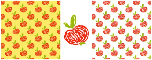 Patrón Sin Costura Fruta Establecer Dibujos Con Lápices Cera Manzanas — Archivo Imágenes Vectoriales