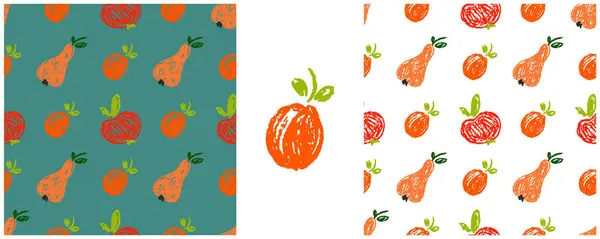 Patrón Sin Costura Fruta Establecer Dibujos Con Lápices Cera Albaricoques — Vector de stock
