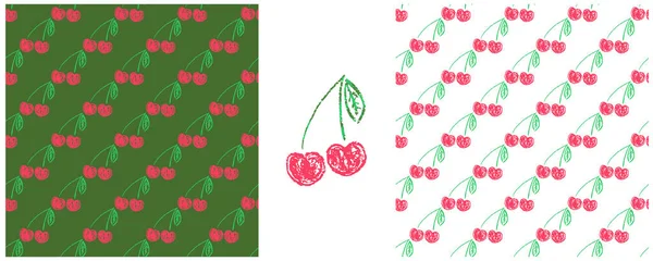 Patrón Sin Costura Fruta Establecer Dibujos Con Lápices Cera Cerezas — Vector de stock