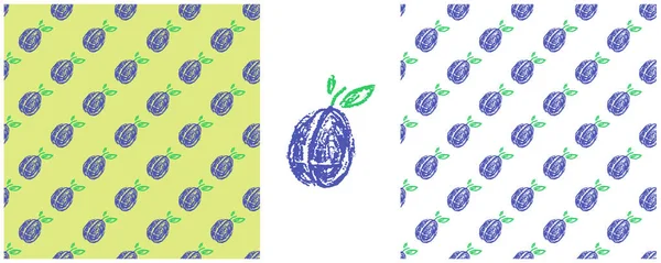 Patrón Sin Costura Fruta Establecer Dibujos Con Lápices Cera Ciruelas — Archivo Imágenes Vectoriales