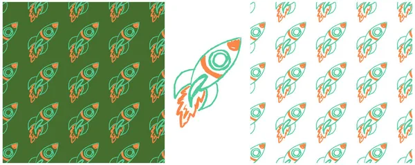 Patrón Inconsútil Del Espacio Establecer Dibujos Con Lápices Cera Cohetes — Vector de stock