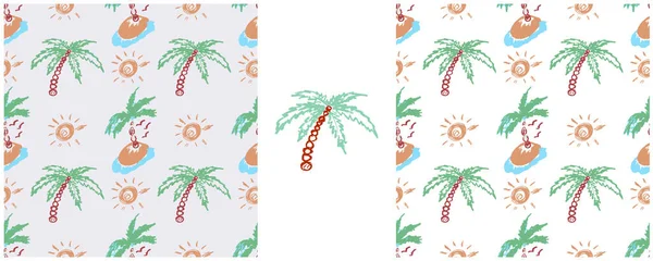 Tropisches Nahtloses Muster Palmen Zeichnungen Mit Wachsmalstiften Setzen Druck Auf — Stockvektor