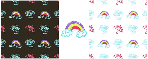 Patrón Sin Costuras Paraguas Establecer Dibujos Con Lápices Cera Nubes — Vector de stock