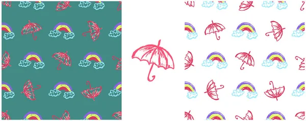 Patrón Sin Costuras Paraguas Establecer Dibujos Con Lápices Cera Arco — Vector de stock