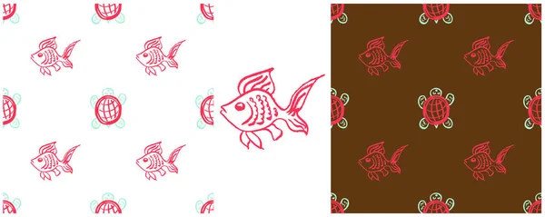 Onderwater Naadloos Patroon Set Tekeningen Met Waskrijtjes Schildpadden Vissen Print — Stockvector