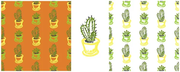Kaktus Nahtloses Muster Heimische Pflanzen Töpfen Zeichnungen Mit Wachsmalstiften Setzen — Stockvektor