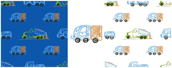 Carros Sem Costura Padrão Camião Camião Lixo Definir Desenhos Com — Vetor de Stock