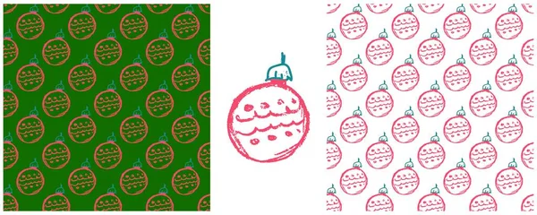 Kerstmis Naadloos Patroon Set Tekeningen Met Waskrijtjes Kerstballen Print Voor — Stockvector