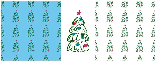 Padrão Sem Costura Natal Definir Desenhos Com Lápis Cera Árvore — Vetor de Stock