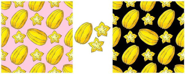 Carambola Fruta Estrella Patrón Sin Costura Con Frutas Tropicales Color — Vector de stock