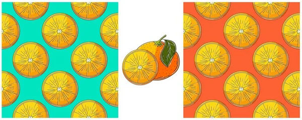 Oranges Seamless Pattern Kitchen Restaurant Shop Color Set Hand Draw — Stock Vector