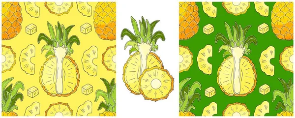 Patrón Sin Costura Con Frutas Tropicales Piña Establecer Mano Estilo — Vector de stock