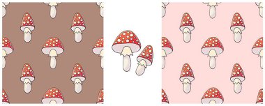 Mutfak, restoran ya da dükkan için kusursuz desen. Resimleri el çizimi biçiminde ayarla. Amanitalar. Kumaş, ambalaj, ambalaj vs. için kullanılabilir