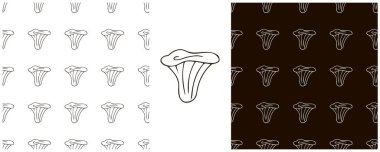 Orman mantarlarıyla kusursuz desen. Tek renkli set tasviri el çizimi tarzında. Chanterelles