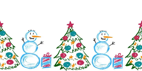 Weihnachten Nahtlose Grenze Weihnachtsbaum Schneemänner Geschenke Zeichnungen Mit Wachsmalstiften Vektor — Stockvektor