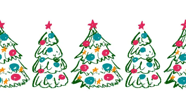 Weihnachten Nahtlose Grenze Weihnachtsbaum Zeichnungen Mit Wachsmalstiften Vektor Design Für — Stockvektor