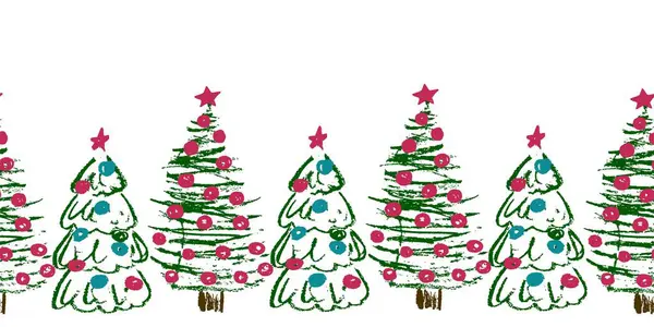 Nahtlose Grenze Zum Neuen Jahr Weihnachtsbaum Zeichnungen Mit Wachsmalstiften Vektor — Stockvektor