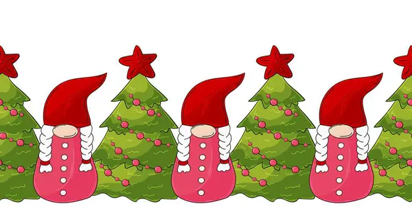 Cartoon Kerstbomen Kabouters Nieuwjaar Naadloze Grens Vectorontwerp Voor Papier Omslag — Stockvector