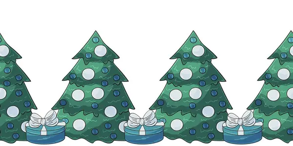 Árvores Natal Desenhos Animados Presentes Borda Sem Emenda Ano Novo — Vetor de Stock