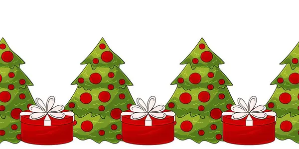 漫画クリスマスツリー プレゼント 新しいシームレスな国境 ペーパー カバー インテリアの装飾および他の使用のためのベクトル設計 — ストックベクタ