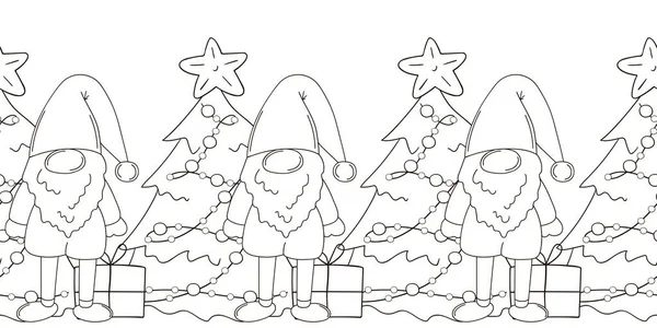 Zbarvení Vánočních Stromků Skřítků Novoroční Bezproblémové Hranice Vektorový Design Pro — Stockový vektor