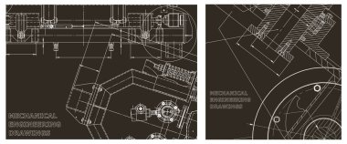 Makine mühendisliği çizimi. Mühendislik çizim seti. Kapak, ilan, afiş, arka plan. Taslak, Sketch. Alet yapımı çizimler. Teknik çizimler