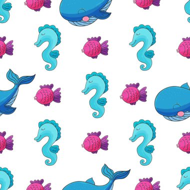 Yaratıcı, kusursuz denizci modeli. Balinalar ve arkadaşları. El çizim biçimi, kumaşlar, tekstil, vb.