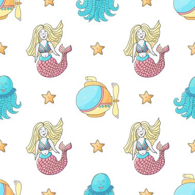 Denizkızları ve arkadaşları. Yaratıcı, kusursuz denizci modeli. Kumaş, tekstil, ambalaj kağıdı, ambalaj, çocuk odası dekorasyonu vb.