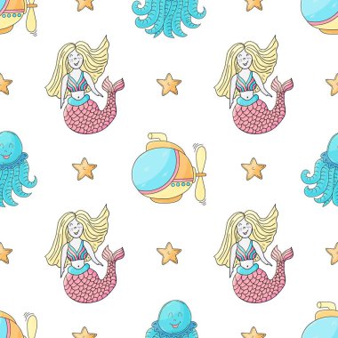 Denizkızları ve arkadaşları. Yaratıcı, kusursuz denizci modeli. Kumaş, tekstil, ambalaj kağıdı, ambalaj, çocuk odası dekorasyonu vb.