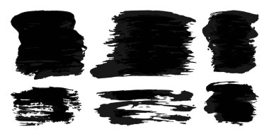 Fırça darbeleri, lekeler, damlalar, sıçramalar, çizikler. Bir dizi suluboya geniş vuruşlar. Siyah vektör akrilik boya fırçası darbelerinin koleksiyonu beyaz arkaplanda izole edildi
