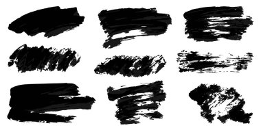 Bir dizi suluboya fırça darbeleri. Siyah akrilik boya izleri beyaz arka planda izole edilmiş.