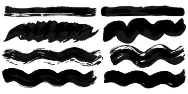 Grunge suluboya dalgalı fırça darbeleri. Beyaz zemin üzerinde izole edilmiş siyah vektör akrilik boya darbeleri koleksiyonu