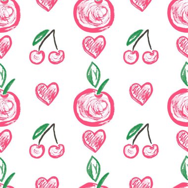 Meyve ve dutsuz desen. Balmumu boyalı çocuk çizimleri. Kumaş tasarımı, tekstil, kumaş baskısı