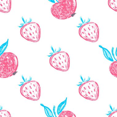 Meyve ve dutsuz desen. Çilek, elma. Balmumu boyalı çocuk çizimleri. Kumaş tasarımı, tekstil, kumaş, duvar kağıdı, ambalaj kağıdı baskısı