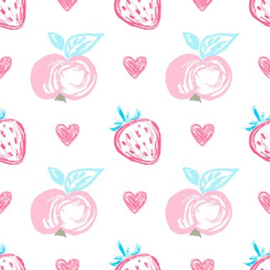 Meyve ve dutsuz desen. Çilek, elma. Balmumu boyalı çocuk çizimleri. Kumaş tasarımı, tekstil, kumaş, duvar kağıdı için yazdır