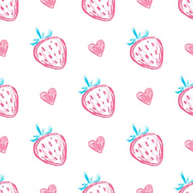 Meyve ve dutsuz desen. Çilekli. Balmumu boyalı çocuk çizimleri. Kumaş tasarımı, tekstil, kumaş, duvar kağıdı, ambalaj kağıdı baskısı