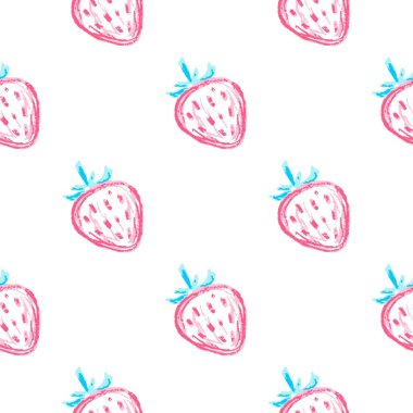 Meyve ve dutsuz desen. Çilekli. Balmumu boyalı çocuk çizimleri. Kumaş tasarımı, tekstil, kumaş, duvar kağıdı, ambalaj için yazdırma