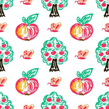 Kusursuz desen. Balmumu boyalı çocuk çizimleri. Elma ağaçları, elmalar. Kumaş tasarımı, tekstil, kumaş, duvar kağıdı için yazdır