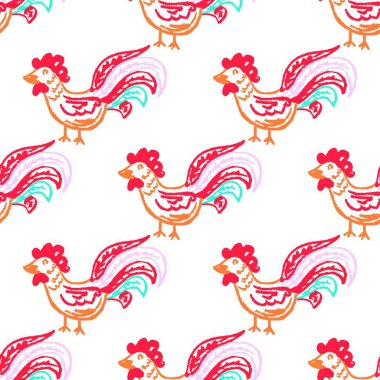 Kusursuz desen. Balmumu boyalı çocuk çizimleri. Tavuklar, horozlar. Kumaş tasarımı, tekstil, kumaş, duvar kağıdı için yazdır