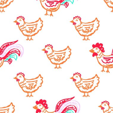 Kusursuz desen. Balmumu boyalı çocuk çizimleri. Tavuklar, horozlar. Kumaş tasarımı, tekstil, kumaş baskısı