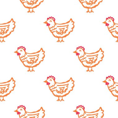 Kusursuz desen. Balmumu boyalı çocuk çizimleri. Tavuklar. Kumaş tasarımı, tekstil, kumaş, duvar kağıdı, ambalaj kağıdı baskısı