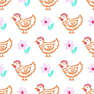 Kusursuz desen. Balmumu boyalı çocuk çizimleri. Tavuklar. Kumaş tasarımı, tekstil, kumaş, duvar kağıdı için yazdır