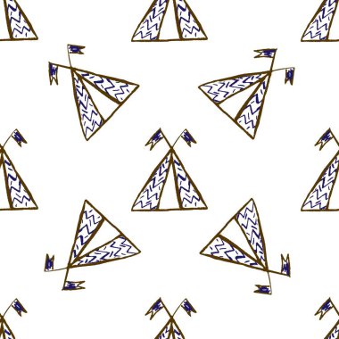 Kusursuz desen. Balmumu boyalı çocuk çizimleri. Çadır, çadır. Kumaş tasarımı, tekstil, kumaş, duvar kağıdı için yazdır