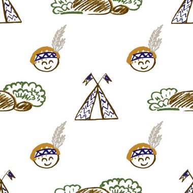 Kusursuz desen. Balmumu boyalı çocuk çizimleri. Wigwam, Hintli. Kumaş için Yazdır