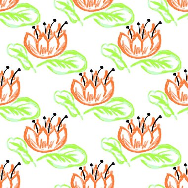 Kusursuz desen. Çiçekler, nilüferler. Balmumu boyalı çocuk çizimleri. Kumaş tasarımı için baskı, tekstil