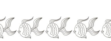 Kusursuz bir sınır. Tek renkli peri masalı çizimi. Balıklar. Kağıt, kapak, kumaş, iç dekorasyon ve diğer kullanım için vektör tasarımı